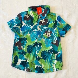 Disney Boy Mickey and Friends Green Palm Leaf Short-sleeve Button Down Shirt